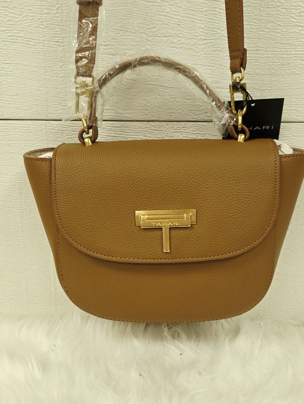 Tahari Caramel Brown Pebbled  Crossbody with Gold Hardware - Picture 7 of 9
